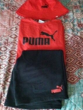Puma Red and Black Athletic Tee with Matching Shorts And Hat